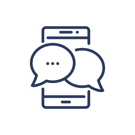 Online chat thin line icon. Mobile phone, messages, speech bubbles isolated outline sign. Communication, messenger, social media concept. Vector illustration symbol element for web design and appsのイラスト素材