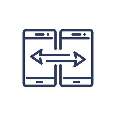 Data sync thin line icon. Smartphone, exchange arrows, transfer isolated outline sign. Communication, wireless technology concept. Vector illustration symbol element for web design and appsのイラスト素材