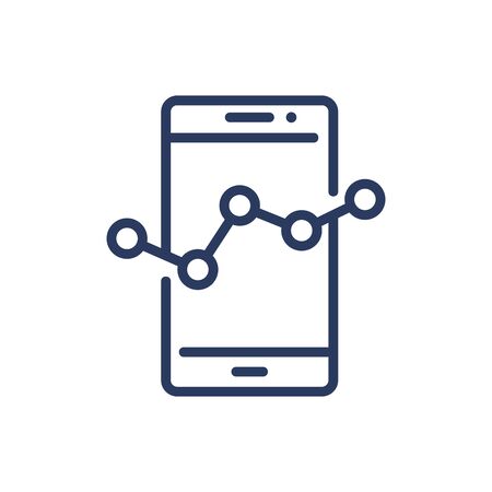 Data analytics thin line icon. Smartphone, screen, graph, chart, diagram isolated outline sign. Communication, marketing, analysis concept. Vector illustration symbol element for web design and appsのイラスト素材