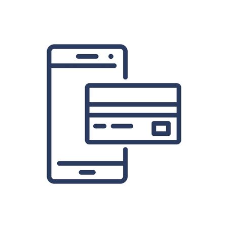 Online payment thin line icon. Mobile phone, smartphone, credit card isolated outline sign. Communication, online service, banking concept. Vector illustration symbol element for web design and appsのイラスト素材