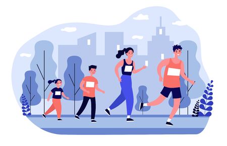 Family jogging in city park. Parents and kids running marathon. illustration for lifestyle, outdoor activity, sport, leisure, fitness conceptの写真素材