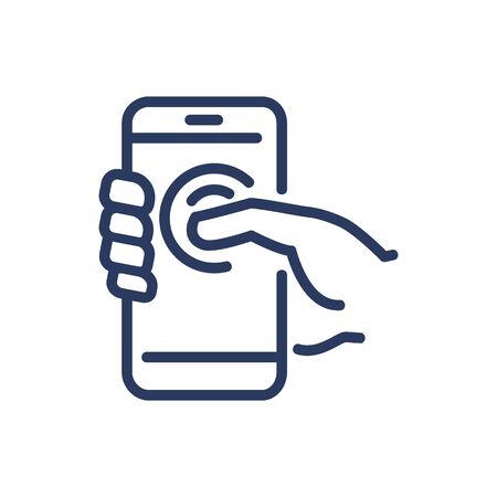 Smartphone in human hand thin line icon. Using touchscreen, pressing display with finger isolated outline sign. Phone repair, service concept. Vector illustration symbol element for web design and appのイラスト素材
