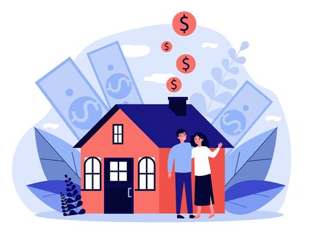 People buying property with bank credit. Savings of young couple falling into house chimney. illustration for mortgage, ownership, rent, investment conceptの写真素材
