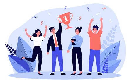 Happy business team winning prize. Winners celebrating achievement and holding trophy cup. illustration for teamwork, award, corporate success conceptの写真素材