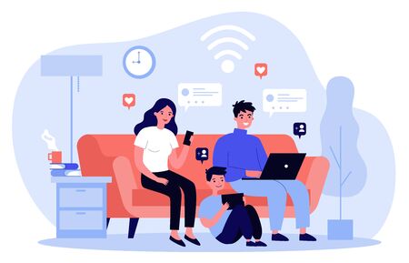 Family suffering from social media addiction. Parent and child sitting together at home and using digital devices. illustration for problem, communication, internet conceptの写真素材