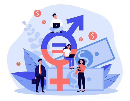 Employees gender salary equality. Business people with laptop working at cash and equal sign. illustration for social respect, discrimination, diversity conceptの写真素材