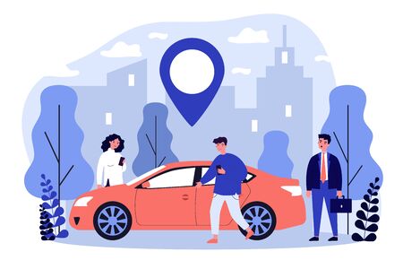 Commuters sharing car in city. People searching vehicle with location pointer. illustration for transport rent, transfer, automobile, travel conceptの写真素材