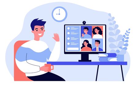 Worker using computer for collective virtual meeting and group video conference. Man at desktop chatting with friends online. illustration for videoconference, remote work, technology conceptの写真素材