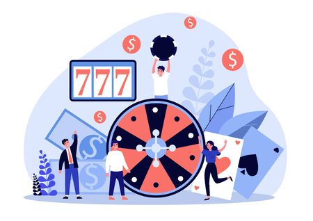 Happy people playing poker. Gamblers with chips and cards gathering at roulette, winning money. illustration for online casino, gamble, risk conceptの写真素材
