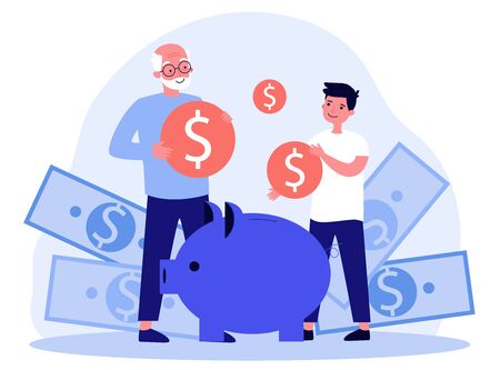 Grandfather teaching grandson to do money savingのイラスト素材