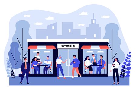 People sitting in cafe during coffee break. Coworking, employee, colleague flat vector illustration. Hot beverage and rest concept for banner, website design or landing web pageのイラスト素材