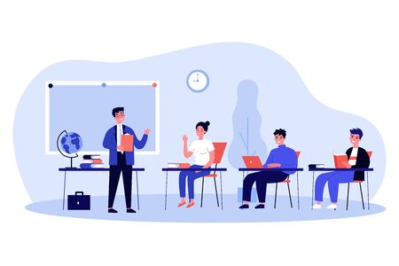 Happy school students sitting at desk in classroom. Girls and guys listening to lecture at college class. Vector illustration for audience, lesson, education, teacher job conceptのイラスト素材