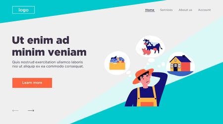 Farmer choosing between agriculture, cattle breeding and house. Thinking, choice flat vector illustration. Decision making concept for banner, website design or landing web pageのイラスト素材