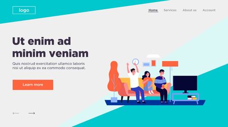 Cheerful friends watching TV. Football fans, match, interior flat vector illustration. TV show, leisure, friendship concept for banner, website design or landing web pageのイラスト素材