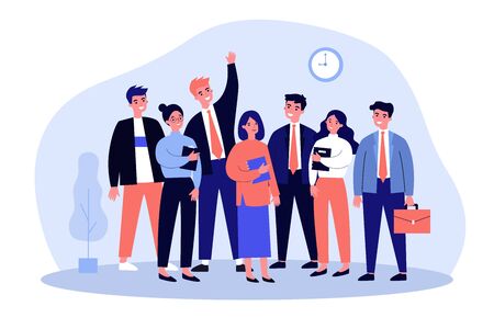 Happy business colleagues team portrait. Group of office employees standing together. Vector illustration for corporate staff, career, job, professionals conceptのイラスト素材