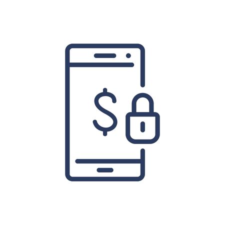 Data and transaction protection thin line icon. Mobile phone, money, lock isolated outline sign. Online bank, payment security concept. Vector illustration symbol element for web design and appsのイラスト素材