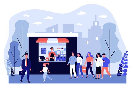 People buying takeaway coffee. Queue, street, morning flat vector illustration. Hot beverage and drink concept for banner, website design or landing web pageのイラスト素材