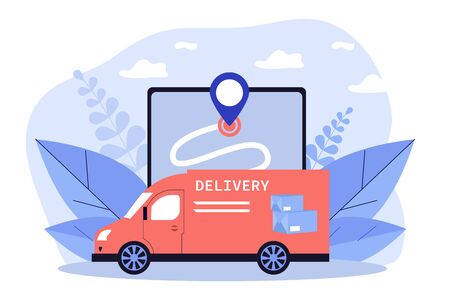 Express van delivering parcel, box or package. Map, GPS, vehicle flat vector illustration. Delivery service and logistics concept for banner, website design or landing web pageのイラスト素材