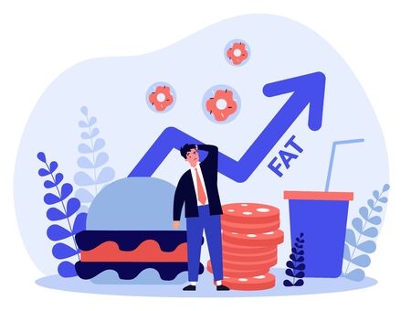 Concerning man thinking about harm from unhealthy food. Meal, burger, fat flat vector illustration. Healthcare and nutrition concept for banner, website design or landing web pageのイラスト素材