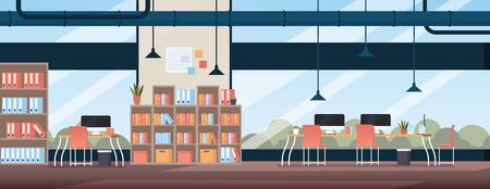 Modern office space loft interior. Corporate studio workplaces with desktops, chairs, document shelves, panoramic window. illustration for commercial property, business center conceptの写真素材