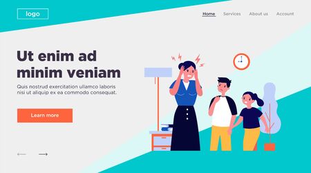Young mother tired of migraine. Cartoon children worried about mom flat vector illustration. Depression and headache concept for banner, website design or landing web pageのイラスト素材