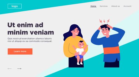 Young father tired of migraine because of crying baby. Mom holding child and dad touching head flat vector illustration. Depression and headache concept for banner, website design or landing web pageのイラスト素材