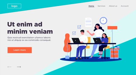 Female teacher explaining lesson to students. Boy and girl learning with tutor flat vector illustration. Education and examination concept for banner, website design or landing web pageのイラスト素材