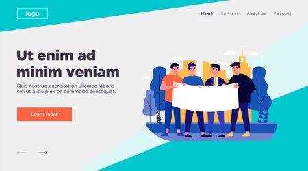 Young men gathering for protest. Male group standing together and holding blank banner flat vector illustration. Position and activism concept for banner, website design or landing web pageのイラスト素材