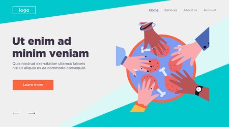 Grilled chicken legs for diverse company. Multiethnic human hands, dish, meat flat vector illustration. Barbecue party, eating together concept for banner, website design or landing web pageのイラスト素材