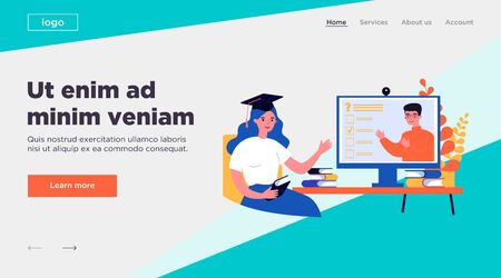 College student watching online webinar, passing test, using computer, attending class. Vector illustration for distance learning, homeschooling, education in lockdown time, video conference conceptのイラスト素材