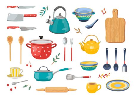 Modern various kitchen tools flat icon set. Kitchenware, cooking baking utensils isolated vector illustration collection. Cutlery and kitchen accessories conceptのイラスト素材