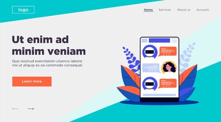 Woman consulting chatbot. Online chat for customer support with ai assistant. Vector illustration for artificial intelligence, internet conversation, robotic technology conceptのイラスト素材