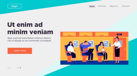 Woman with screaming baby travelling by plane. Stressed passengers, stewardess with water flat vector illustration. Transportation, tourism concept for banner, website design or landing web pageのイラスト素材