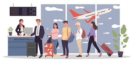 Line of passengers at airport registration desk. Queue of travelers waiting for check in to their flight. illustration for travel, vacation, departure, boarding conceptの写真素材