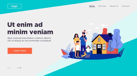 Happy family couple with kids and pet standing together outside, in front of their house. Vector illustration for home, real estate, residential area conceptのイラスト素材