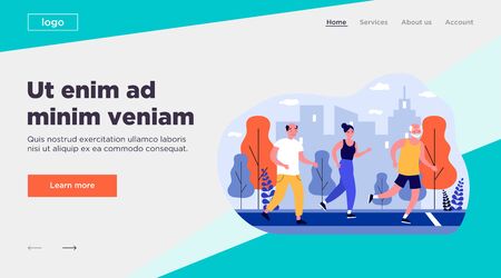 Senior people jogging in city park. Old men and women running marathon flat vector illustration. Lifestyle and sport concept for banner, website design or landing web pageのイラスト素材