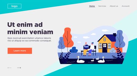 Senior couple watching swans on pond. Relaxing outdoors, country house, relationship flat vector illustration. Leisure, retirement, old age concept for banner, website design or landing web pageのイラスト素材