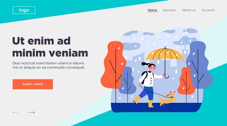 Happy girl walking dog in rain. Person with umbrella, pet, city park flat vector illustration. Animal care, autumn, outdoor activity concept for banner, website design or landing web pageのイラスト素材