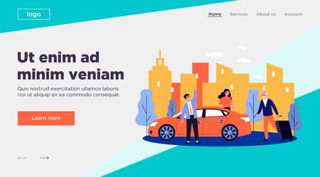 Positive grandpa going on vacation. Old man walking to car and wheeling suitcase flat vector illustration. Car sharing or senior parents support concept for banner, website design or landing web pageのイラスト素材
