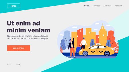 Happy businessman taking taxy. Luggage, cab, transport to airport flat vector illustration. City traffic, travel, transportation concept for banner, website design or landing web pageのイラスト素材
