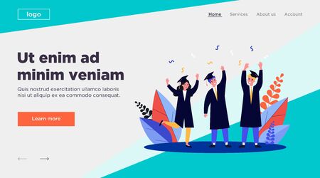 Happy graduated students flat vector illustration. Cartoon girls and guys celebrating academic diploma degree. Education and university certificate conceptのイラスト素材
