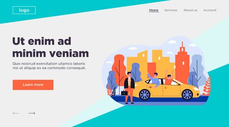 Businessman watching cheerful guys riding car. Vehicle, business and fun activity flat vector illustration. Work and leisure, city transport concept for banner, website design or landing web pageのイラスト素材