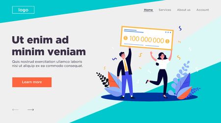 Happy winners holding bank check flat vector illustration.のイラスト素材