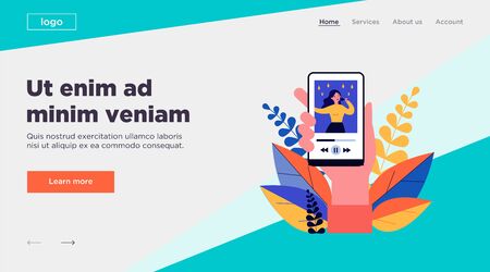 Smartphone user watching talent show or concert. Video player, streaming, media content flat vector illustration. Internet, communication concept for banner, website design or landing web pageのイラスト素材