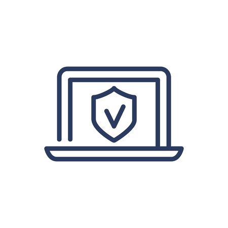 Laptop and shield thin line icon. System, digital device, checkmark isolated outline sign. Insurance and protection concept. Vector illustration symbol element for web design and appsのイラスト素材