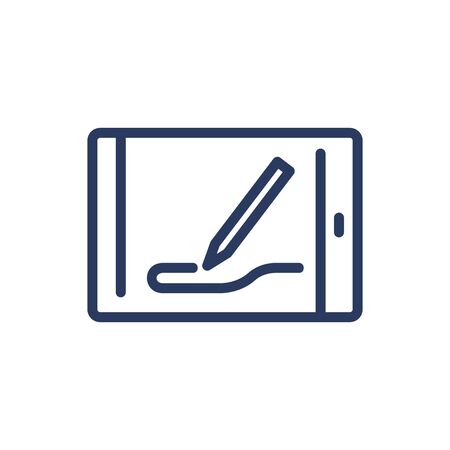 Drawing on tablet thin line icon. Stylus, art, electronic signature isolated outline sign. Digital devices and electronic gadgets concept. Vector illustration symbol element for web design and appsのイラスト素材