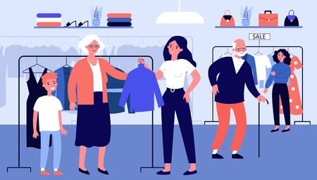 Senior people choosing clothes in fashion store. Old couple, customer, shop assistant flat vector illustration. Clothing, shopping, sale concept for banner, website design or landing web pageのイラスト素材