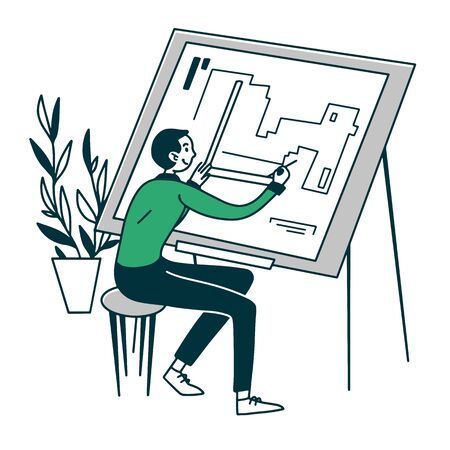 Architect drawing blueprint. Engineer making drat flat illustration. Architecture, engineering, construction project concept for banner, website design or landing web pageの写真素材