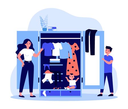 Parents finding baby in wardrobeのイラスト素材