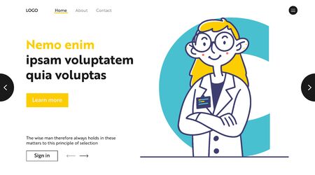 Female doctor in white coat and glasses. Practitioner, physician, badge flat illustration. Examination, checkup, healthcare concept for banner, website design or landing web pageの写真素材